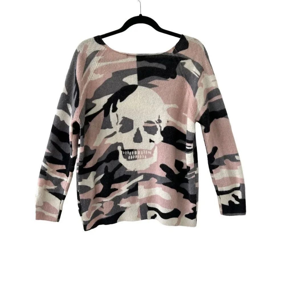 Skull Cashmere Scoop Neck Camo Army Print Sweater Womens Pink Gray Size Small